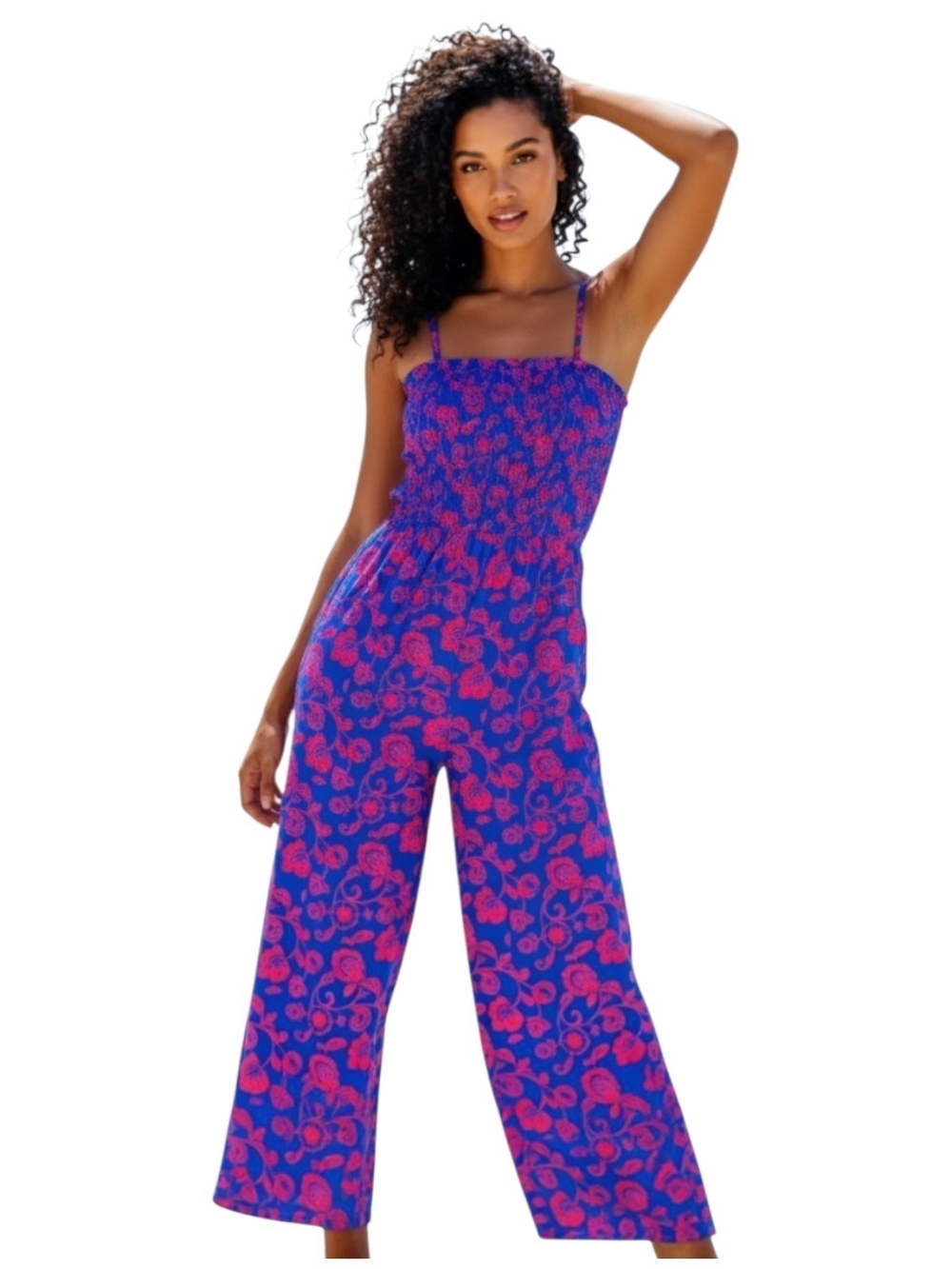 Cupshe Blue & Pink Floral Smocked Wide-Leg Jumpsuit XS